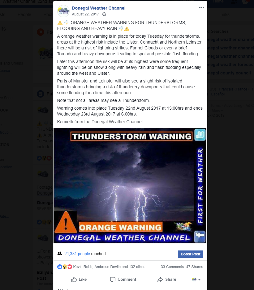 Orange Weather warning which was issued for that day for the risk of Thunderstorm, Heavy Rain, Spot Flooding and Flash Flooding.