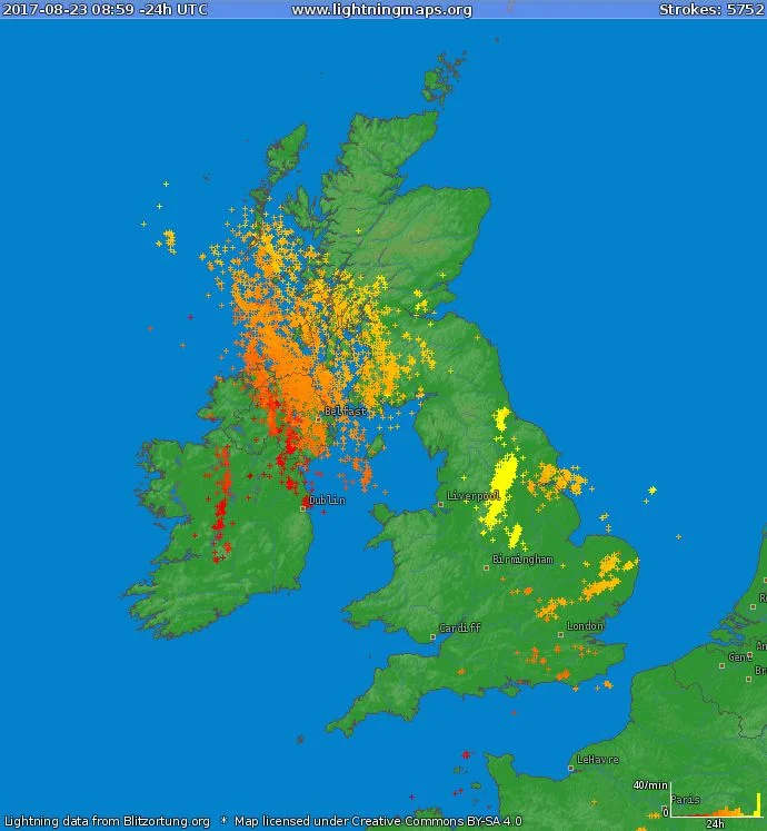 40,300 lightning strike recorded over Ireland and the UK with the around 80% of them over Ulster and Ireland.