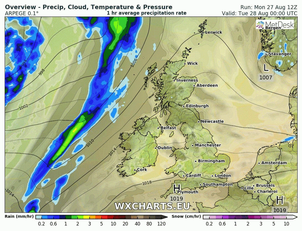 Rainfall passing over Ireland on Tuesday with sunny spells following behind.