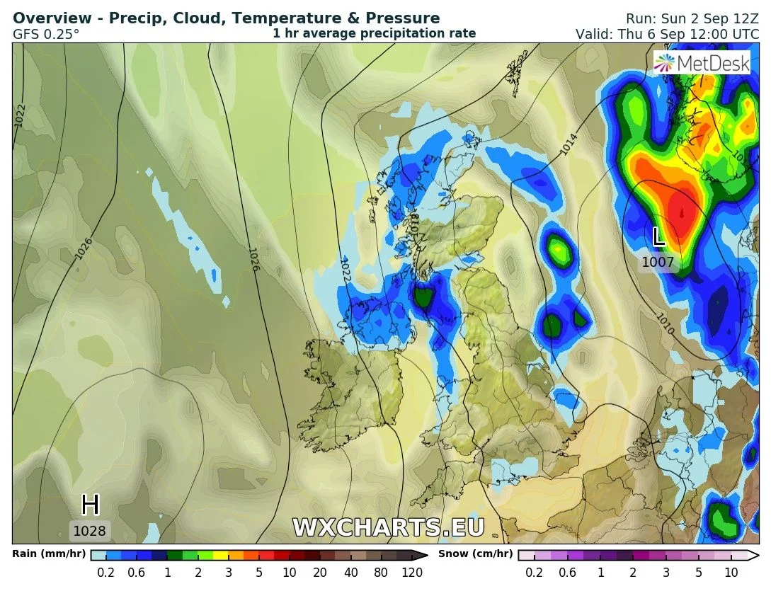 A weather front leading to showers on Thursday afternoon spreading down from the north