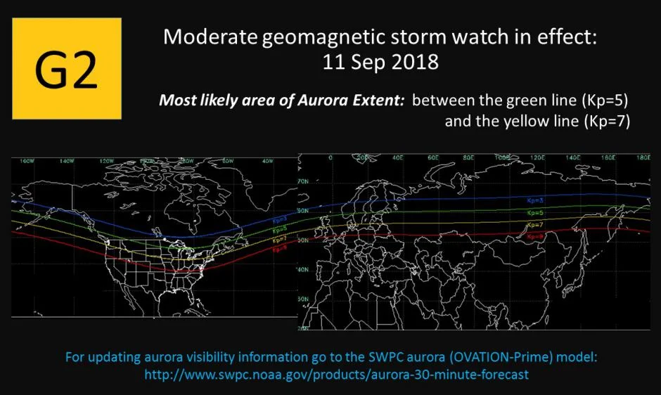 A G2 (Moderate) geomagnetic storm watch has been issued for 11 Sep 2018 due to the anticipated onset of coronal hole high speed stream.