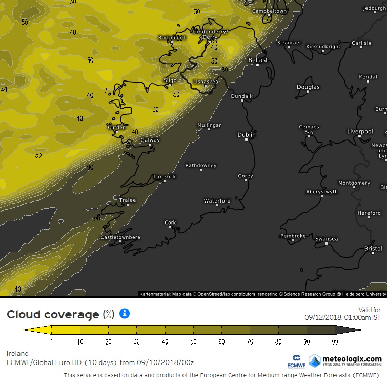 Cloud forecast from the ECMWF model Wednesday morning at 1am