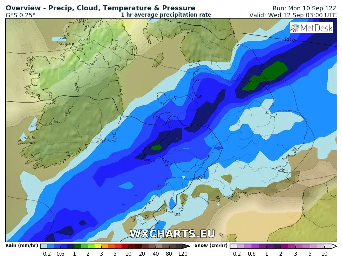 GFS model run showing clear spells moving in from the northwest around Tuesday mid night into Wedneday morning with rain over Munster and Leinster clearing of the the southeast and east of Ireland.