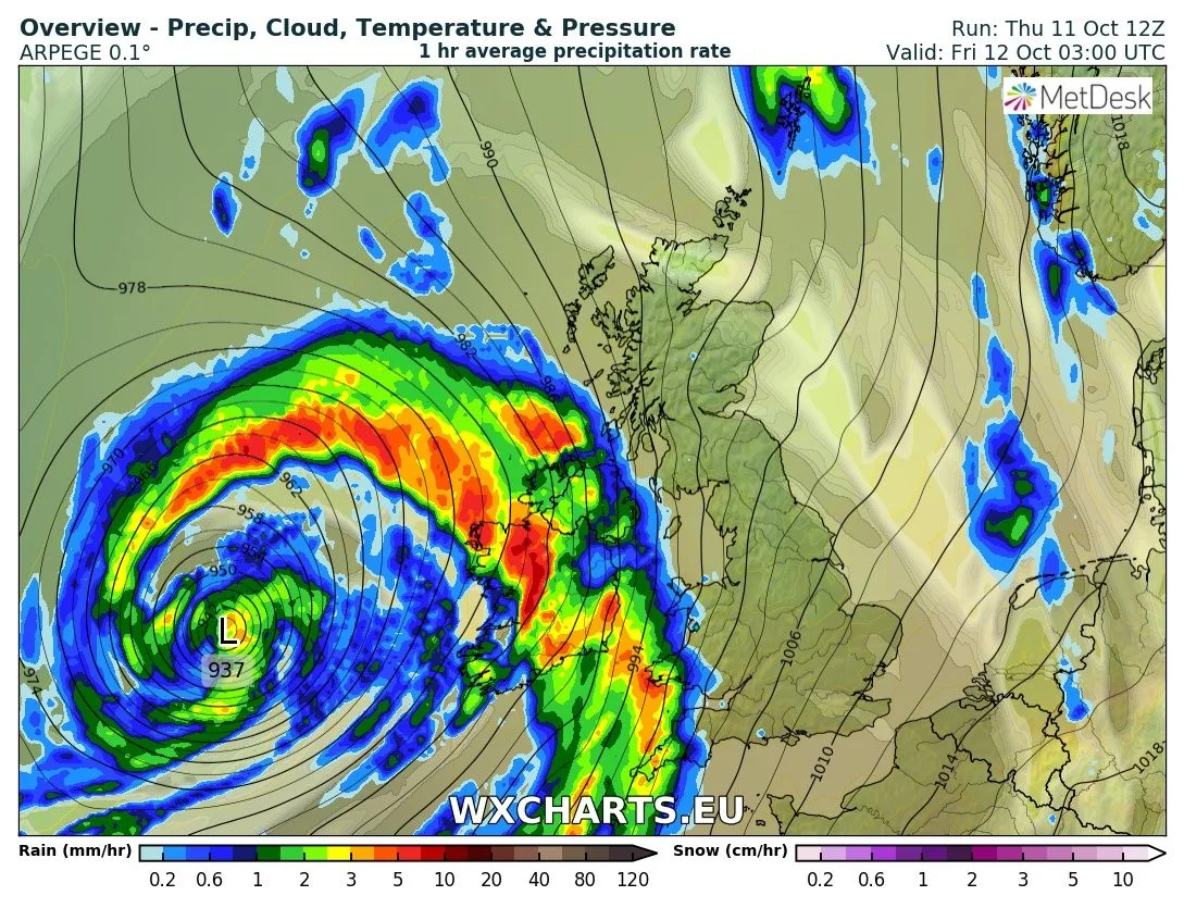Possible squall line passing Ireland early Friday morning and moving northwards model run for 3:00am Friday 12th October 2018