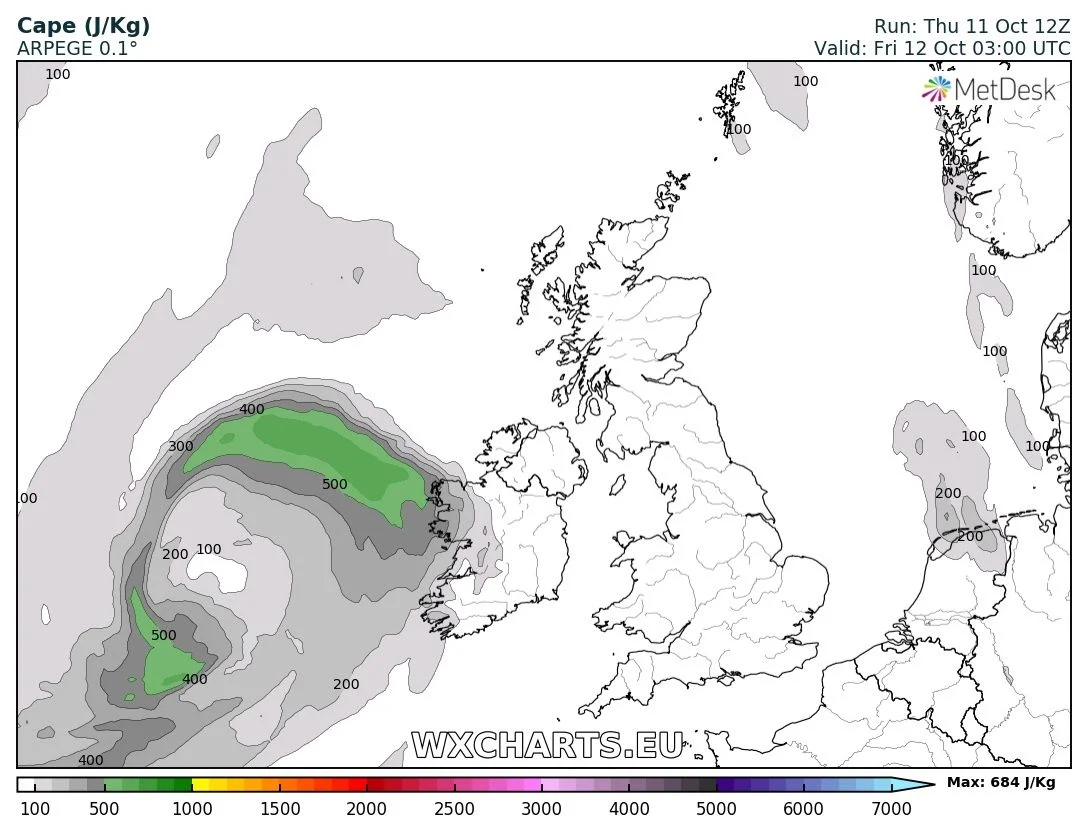 The model runs showing the risk of lightning over the southwest and west of the country later tonight and early Friday morning around around 200J/kg to 500J/kg possible