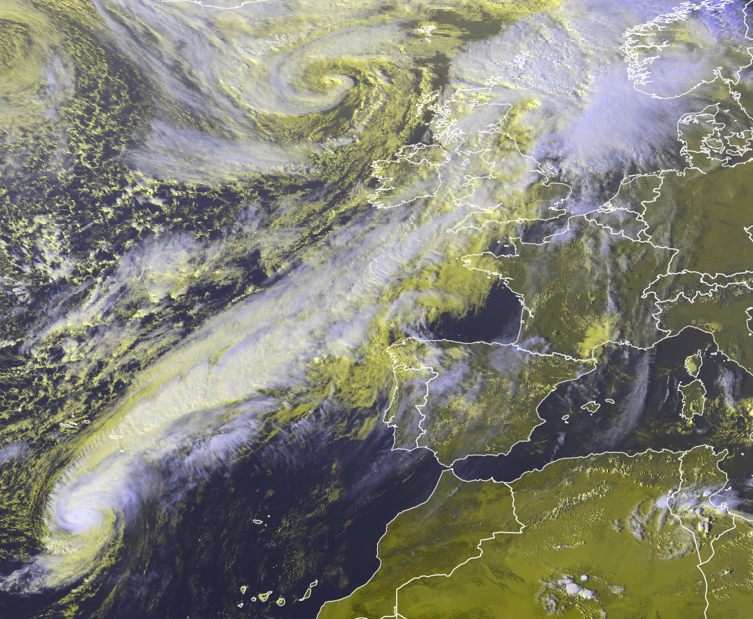 Hurricane Leslie of the southwest of Portugal and west of the Canary Islands this afternoon with storm Callum visible to the northwest of Ireland. The band of rain and cloud from Hurricane Leslie can be seen on this stretching all the way as far as Ireland and the UK