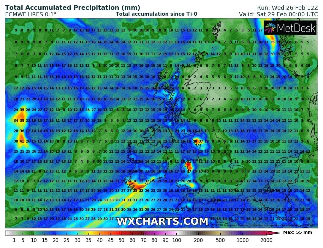 Rainfall accumulations in mm for Friday with heavy rain for many areas biggest amounts across the southern half of Ireland.