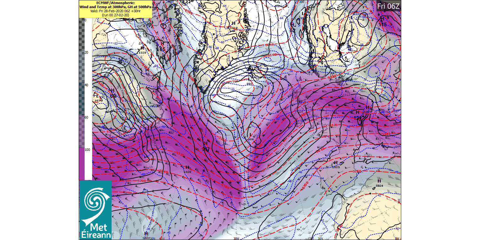 The animation in figure 2 below shows the position of the strong Atlantic jet with the corresponding deepening of the storm centre from early Friday morning to early Sunday morning.