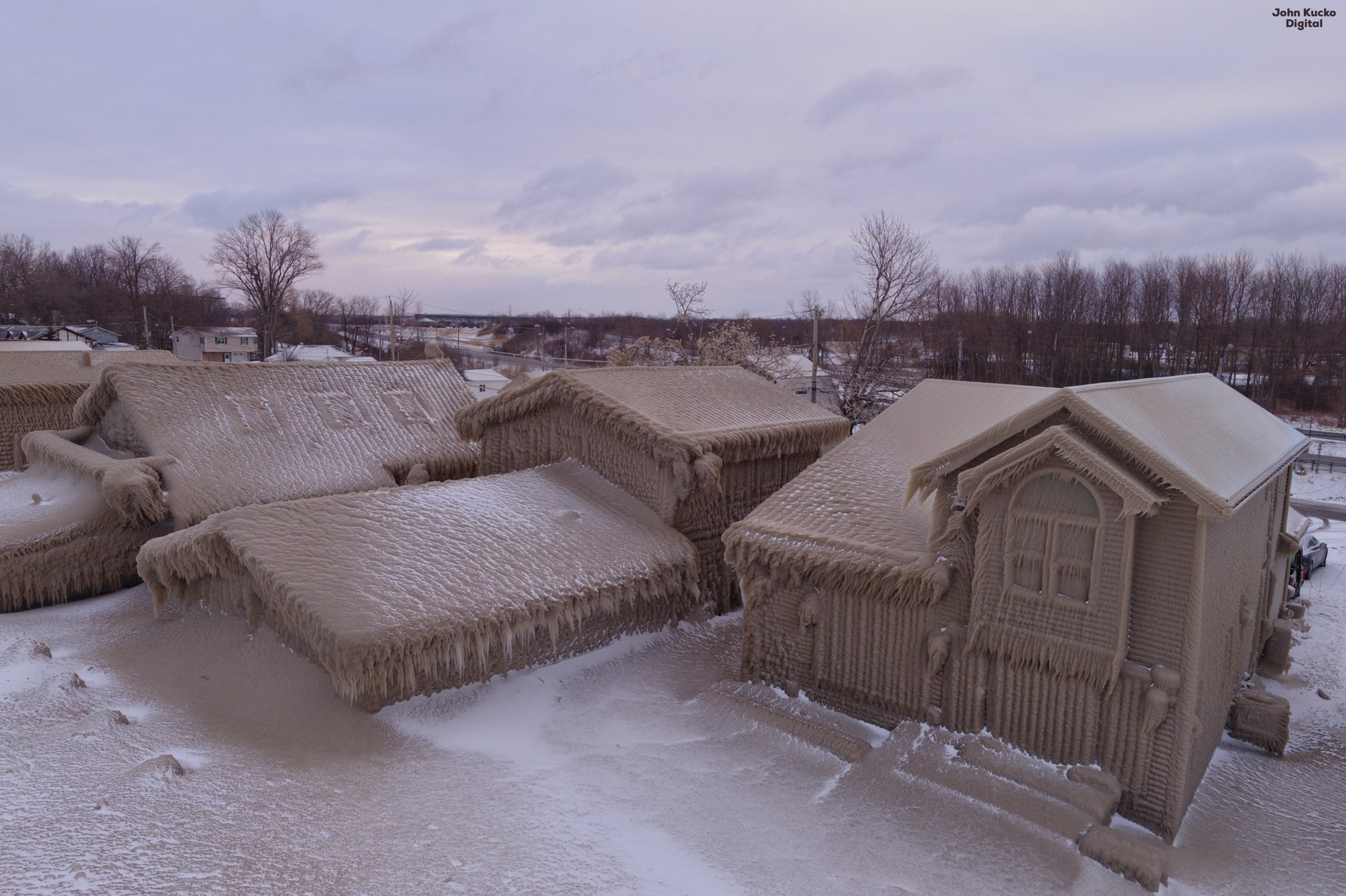 Frozen homes near Lake Erie, New York are an eerie sight