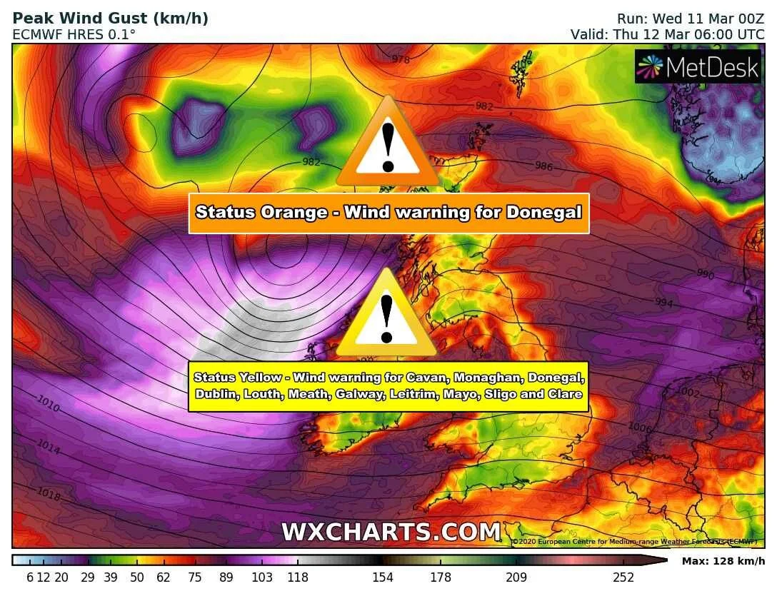 Status Orange wind warning issued for Donegal for strong wind gusts of 120km/hr