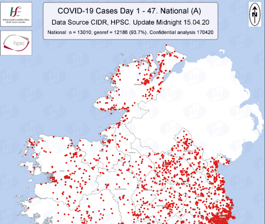 Updated detailed Covid 19 case map of Ireland showing new cases up until the 15th of April