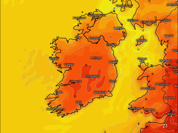 Temperatures in Ireland set to rise to 23C on Saturday with the risk of thunderstorms