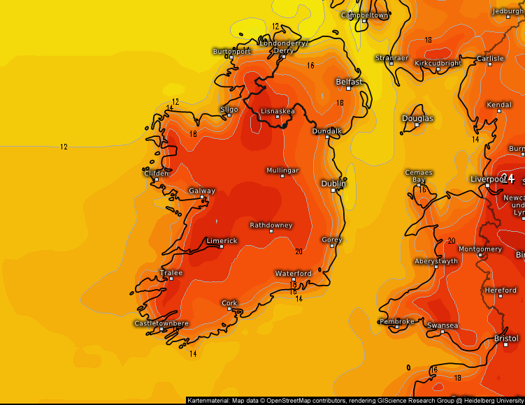 Signs that temperatures could rise into the mid 20s across parts of Ireland next week