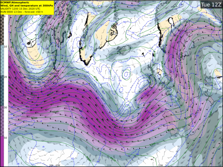This Jetstream can steer surface low pressure systems towards Ireland and intensify them, depending on the location of the low relative to the Jetstream.