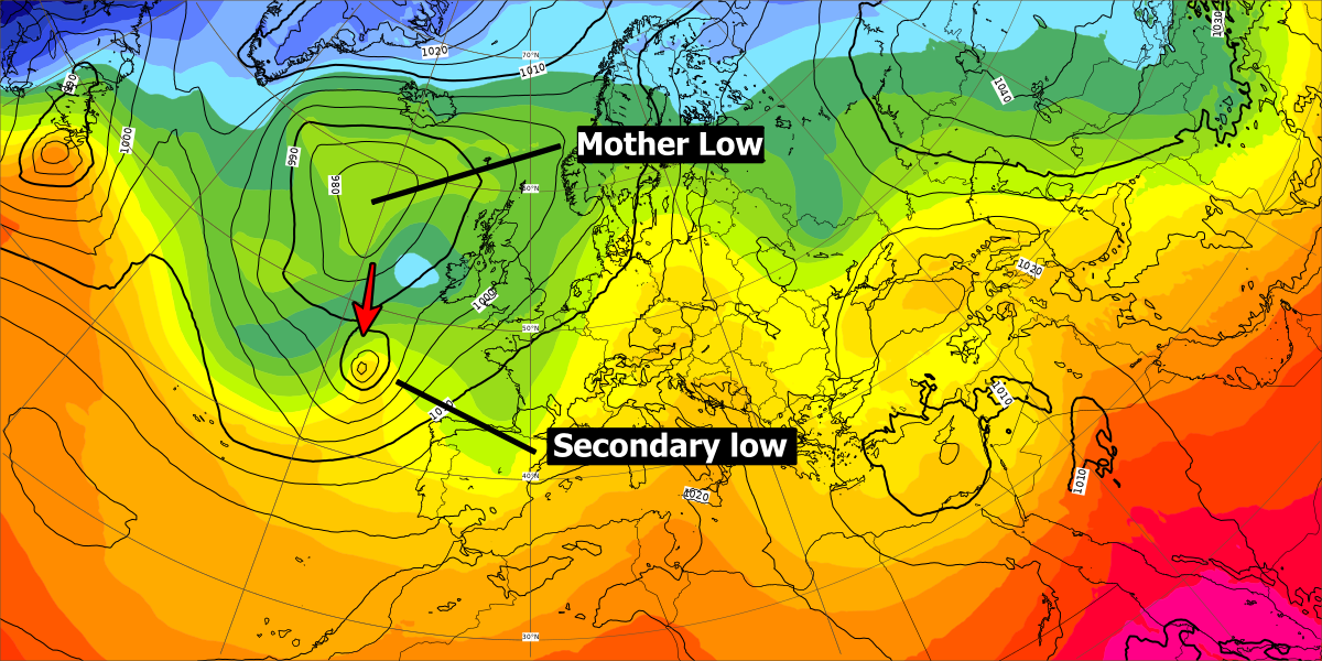 ECMWF forecast for position of low pressure system at 12UTC Tuesday 15th December.