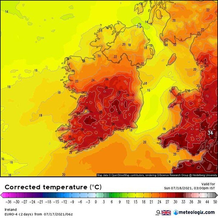 30C POSSIBLE ON SUNDAY AGAIN IN PLACES

30C may again be reached on Sunday again with the highest chance across the southern half of Ireland. Cooler in the north due to some cloud in the mix for Sunday. 

#warm #ireland #hot #northernireland #weather