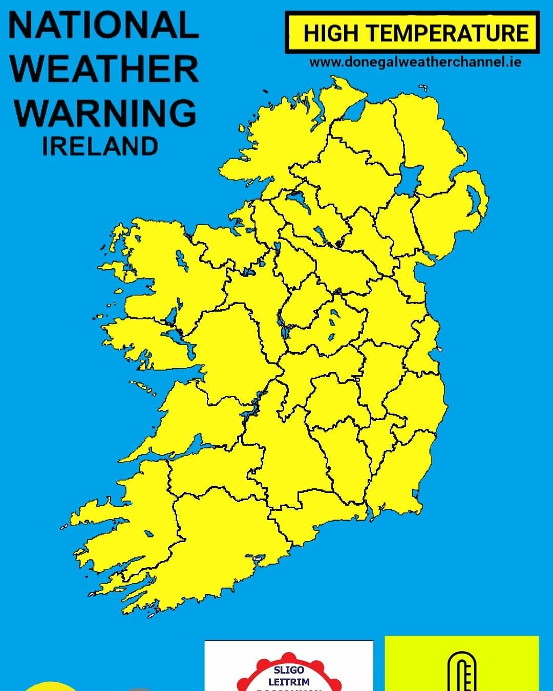 STATUS YELLOW - HIGH TEMPERATURE WARNING FOR IRELAND

Met &Eacute;ireann Weather Warning

High temperatures continuing this week with hot conditions by day and staying very warm and humid at night.

Daytime maximum temperatures generally 27 to 30 deg