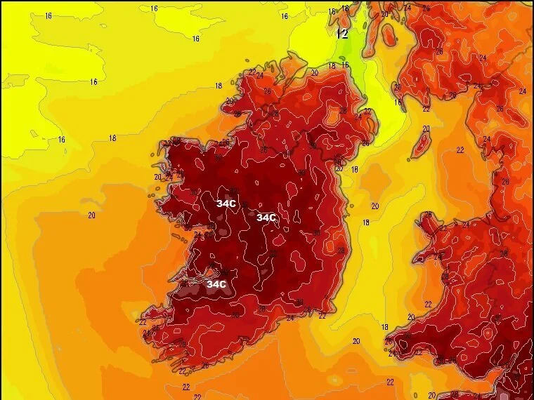 BREAKING NEWS - Orange High temperature warning issued with record temperatures possible for Ireland 34C