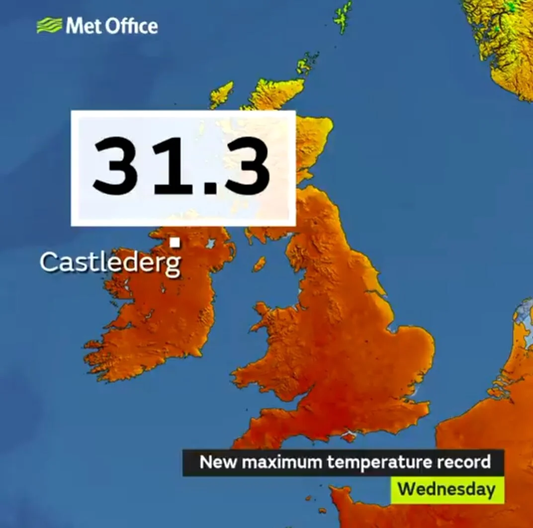 BREAKING NEWS - Northern Ireland records its hottest day ever on record 31.3C