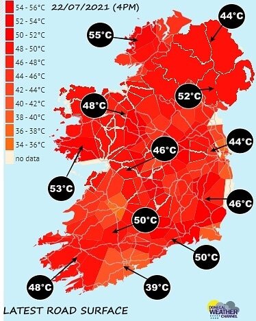 ROAD SURFACE TEMPERATURES RISE TO 55C AS TAR BOILS ON IRISH ROADS

With temperatures now rising into the low 30s across Ireland for a 3rd day in a row its not only the public who is feeling the heat with very hot road surface temperatures also been r