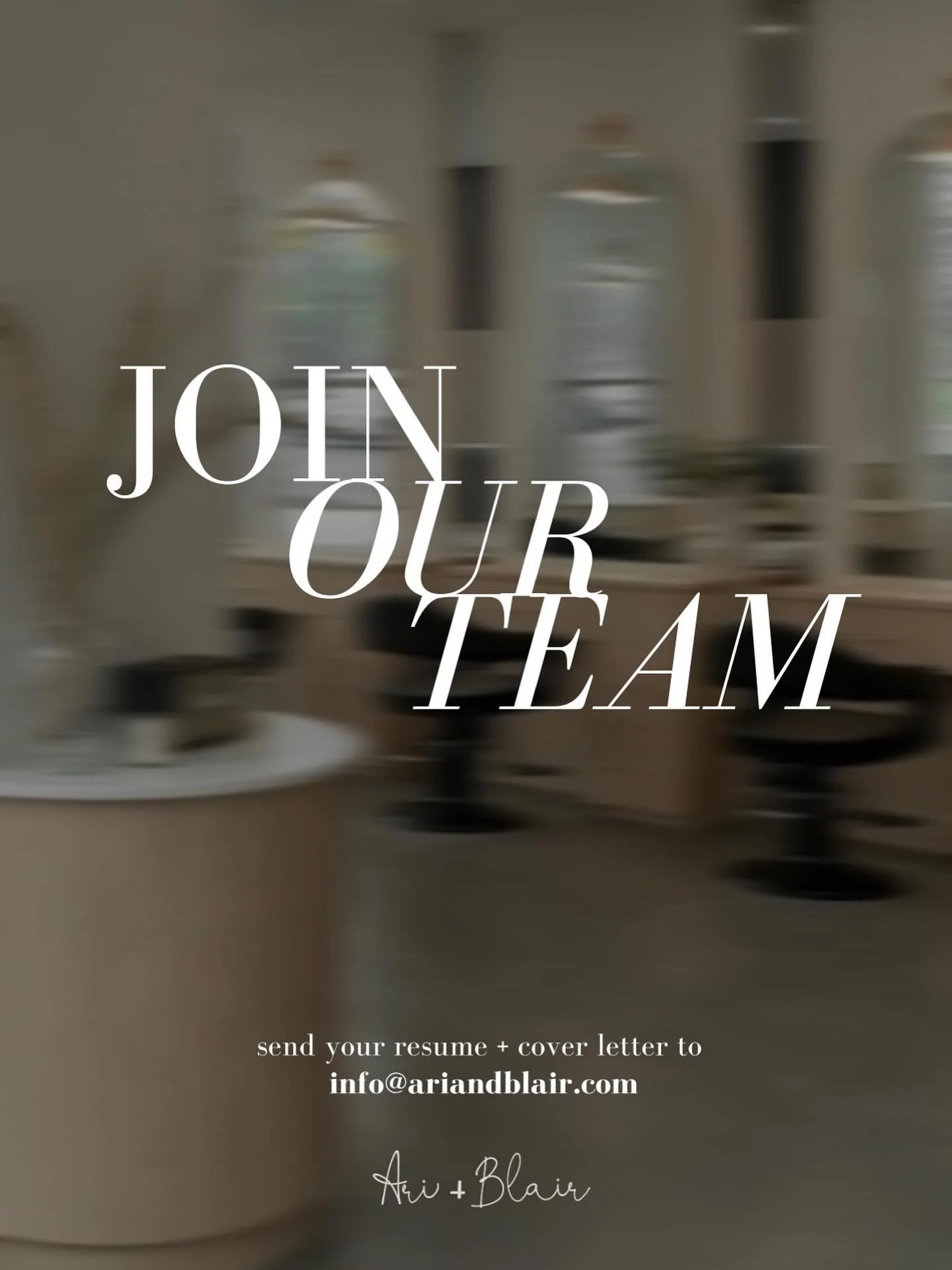 Exiting news!!✨ 

We&rsquo;re expanding our team at Ari + Blair Salon and would love to meet you. 

If you&rsquo;re passionate about hair, love good energy, and want to grow with a fun, supportive team &mdash; we&rsquo;d love to hear from you!

Send 