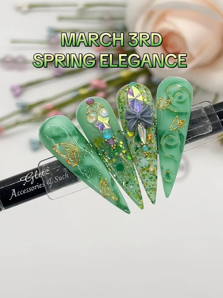 🌿✨ SPRING LUXURY, BUT MAKE IT GLITZ ✨🌿

Forest greens, gold accents, encapsulated sparkle, and hand-sculpted rose details &mdash; this set is the definition of elevated spring elegance 💚🦋

Layering multiple green tones creates natural depth, whil