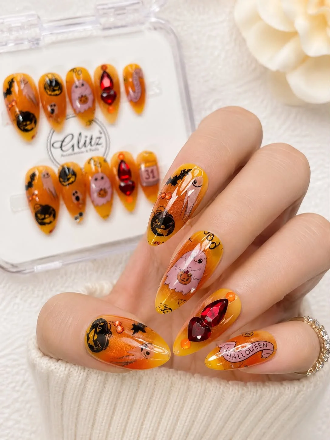 Pumpkin Ghost Halloween Press-On Nail Set - S Almond Medium