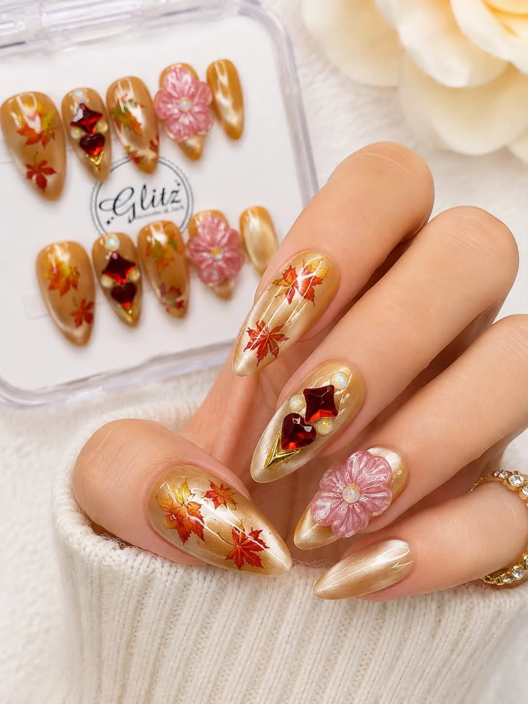 Golden Maple Blossom Press-On Nail Set - S Almond Medium