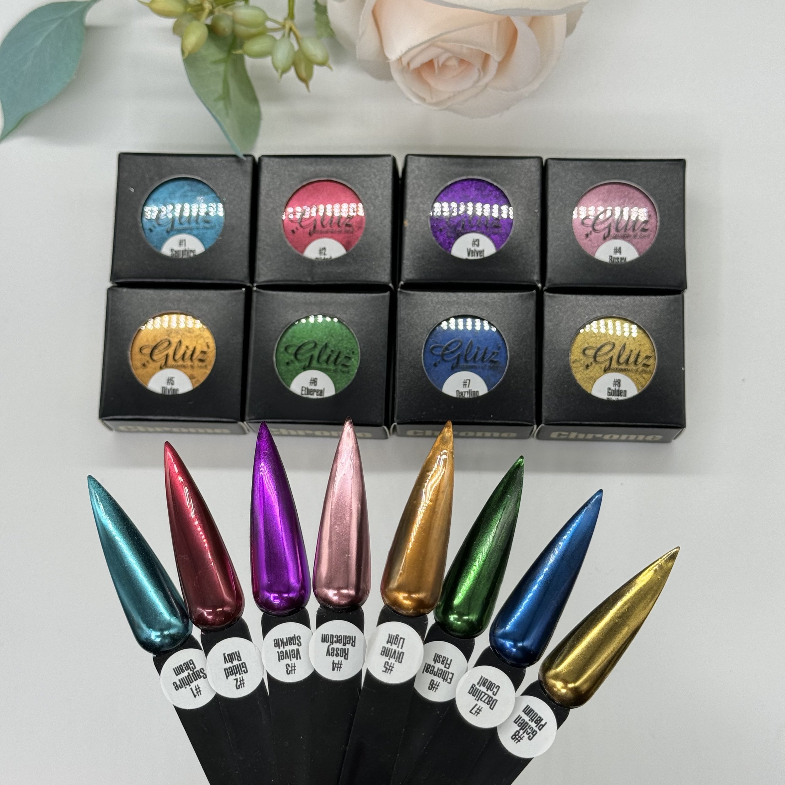 Chrome Pigment Set of 8 + Free iHold Condensed Glue Gel 15g, No Wipe Shiny Top Coat