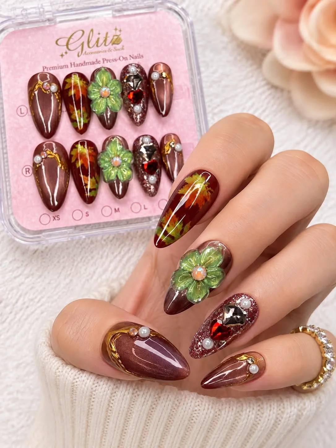 Autumn Bloom Press-On Nail Set - S Almond Medium