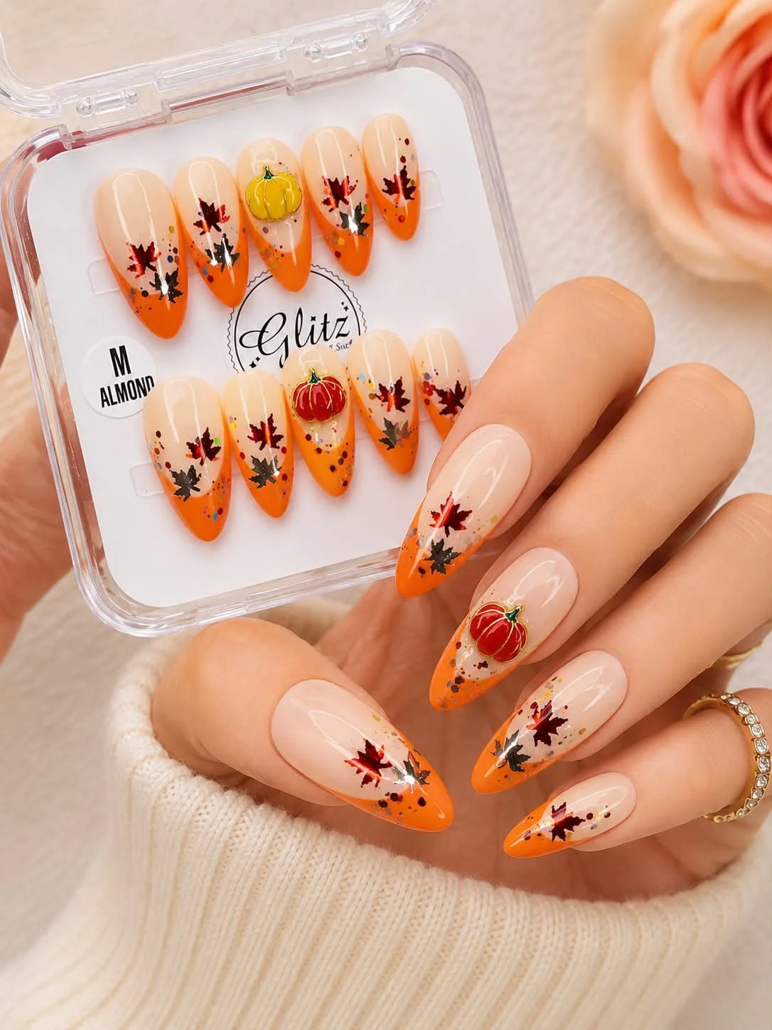 Harvest Pumpkin Press-On Nail Set - S Almond Medium
