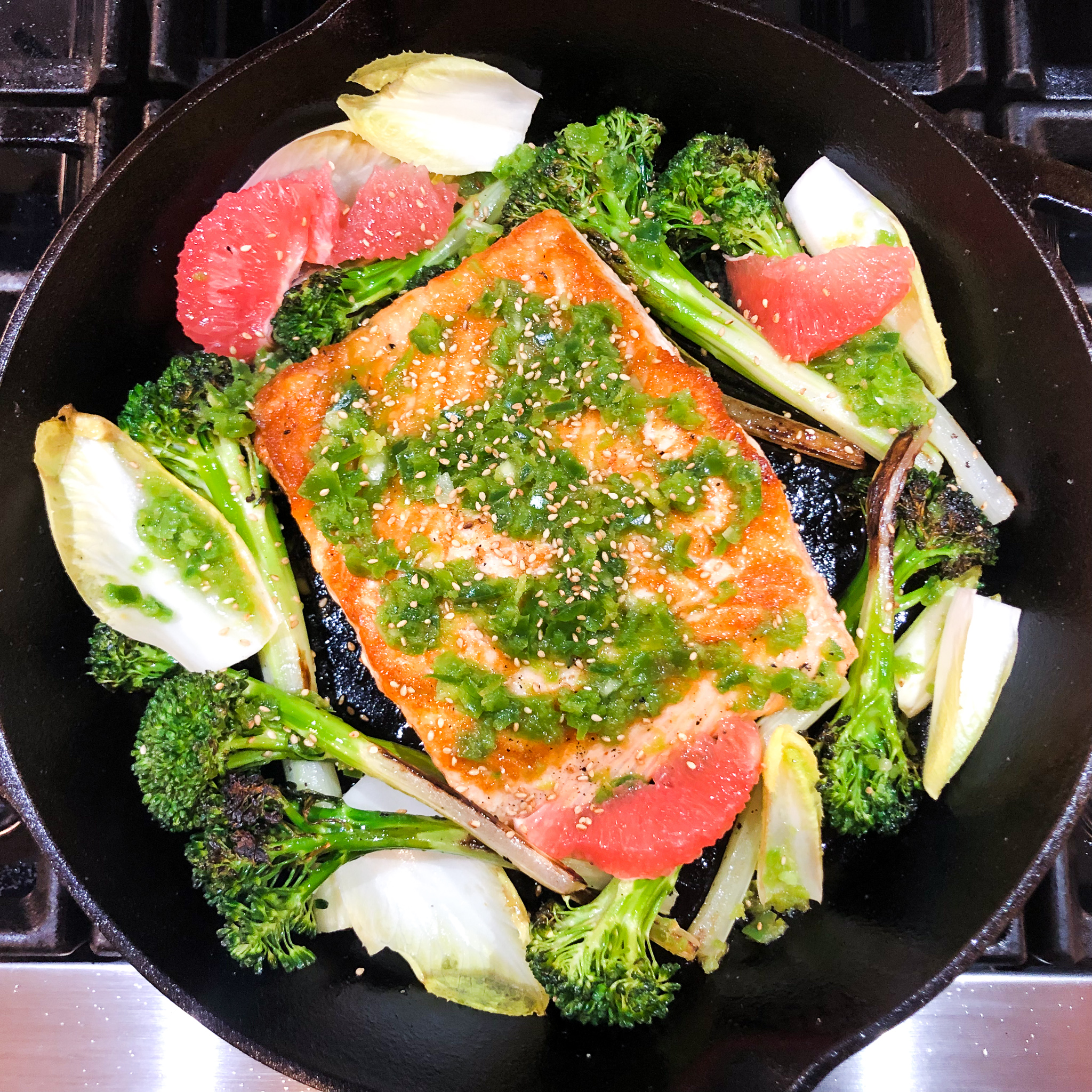 citrus salmon with broccolini &amp; endive