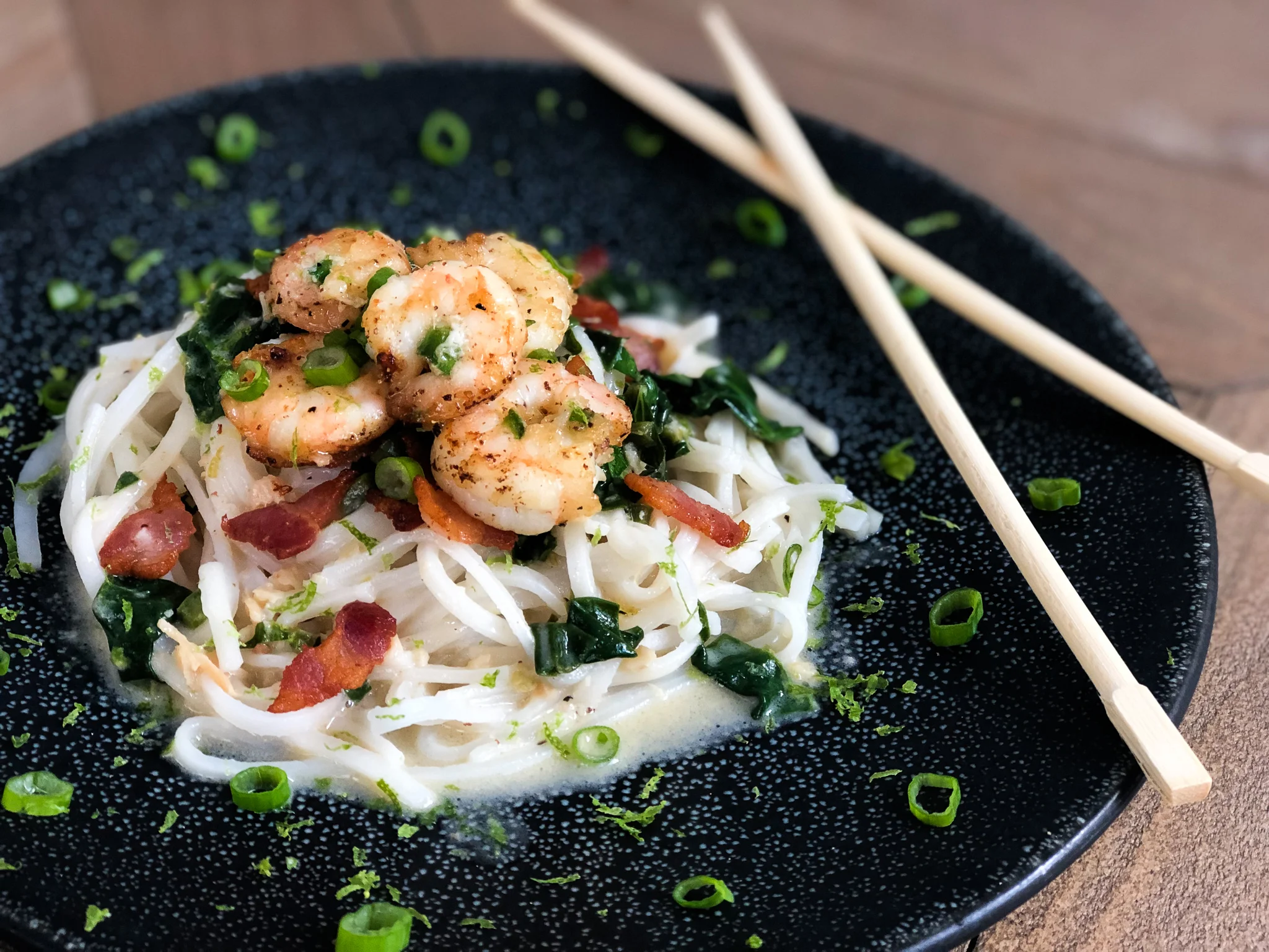 garlic butter shrimp over coconut noods