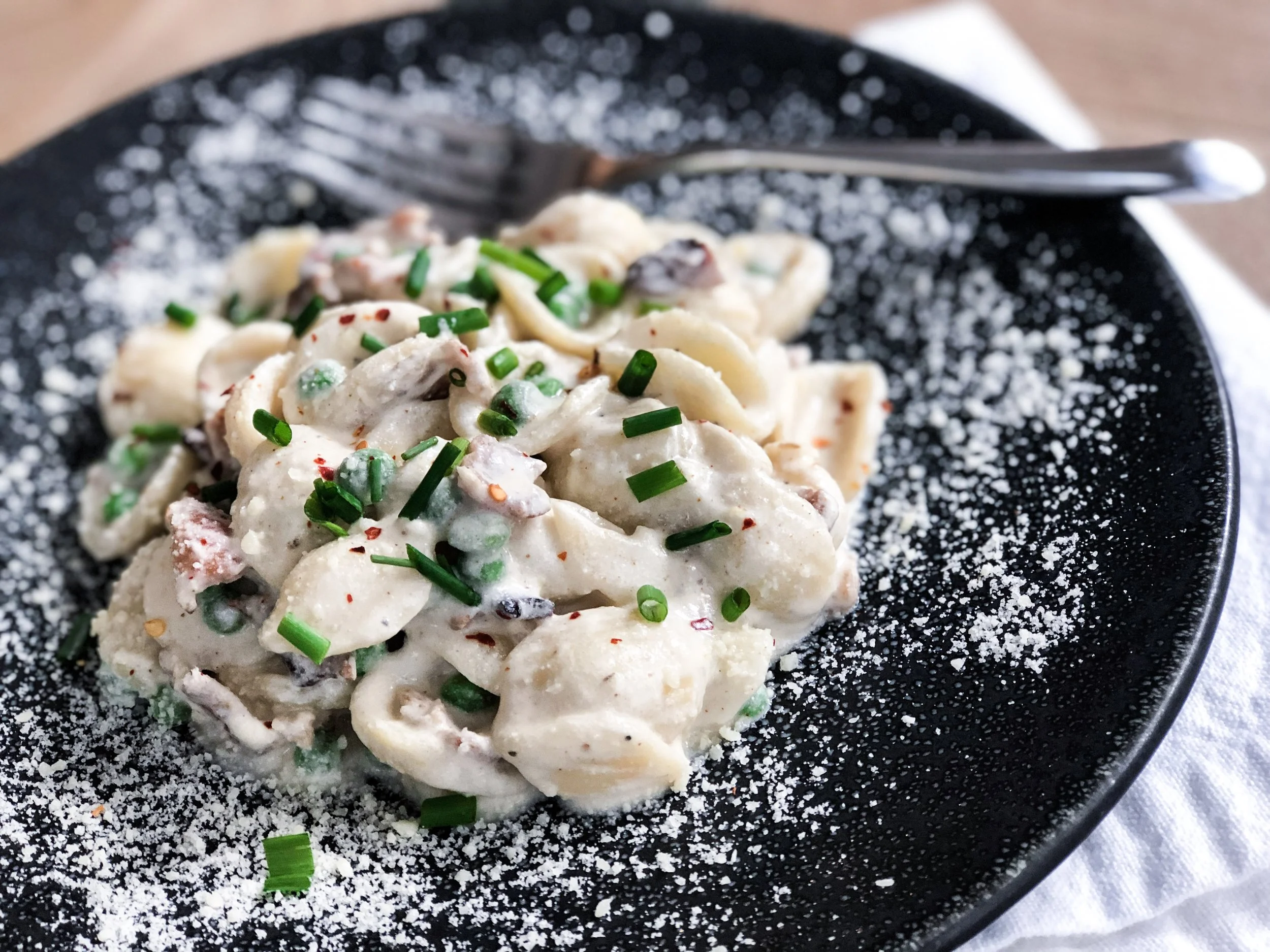 creamy orecchiette with bacon &amp; peas