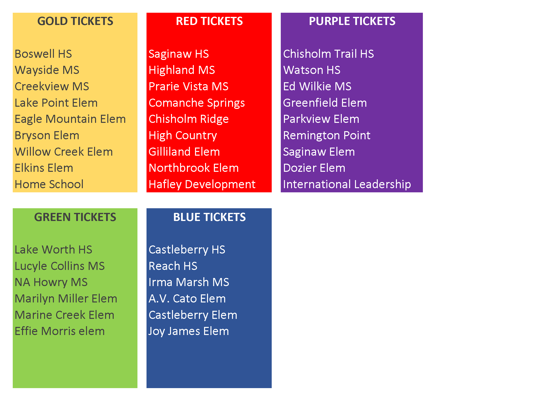 PICK ONLY ONE COLOR TICKET LINK BELOW PER FAMILY. IF YOU HAVE KIDS IN DIFFERENT COLOR GROUPS PUT THEM ALL UNDER ONE TICKET. IF THE SCHOOL IS NOT LISTED TYPE IT IN AT THE BOTTOM OF THE QUESTIONNAIRE.