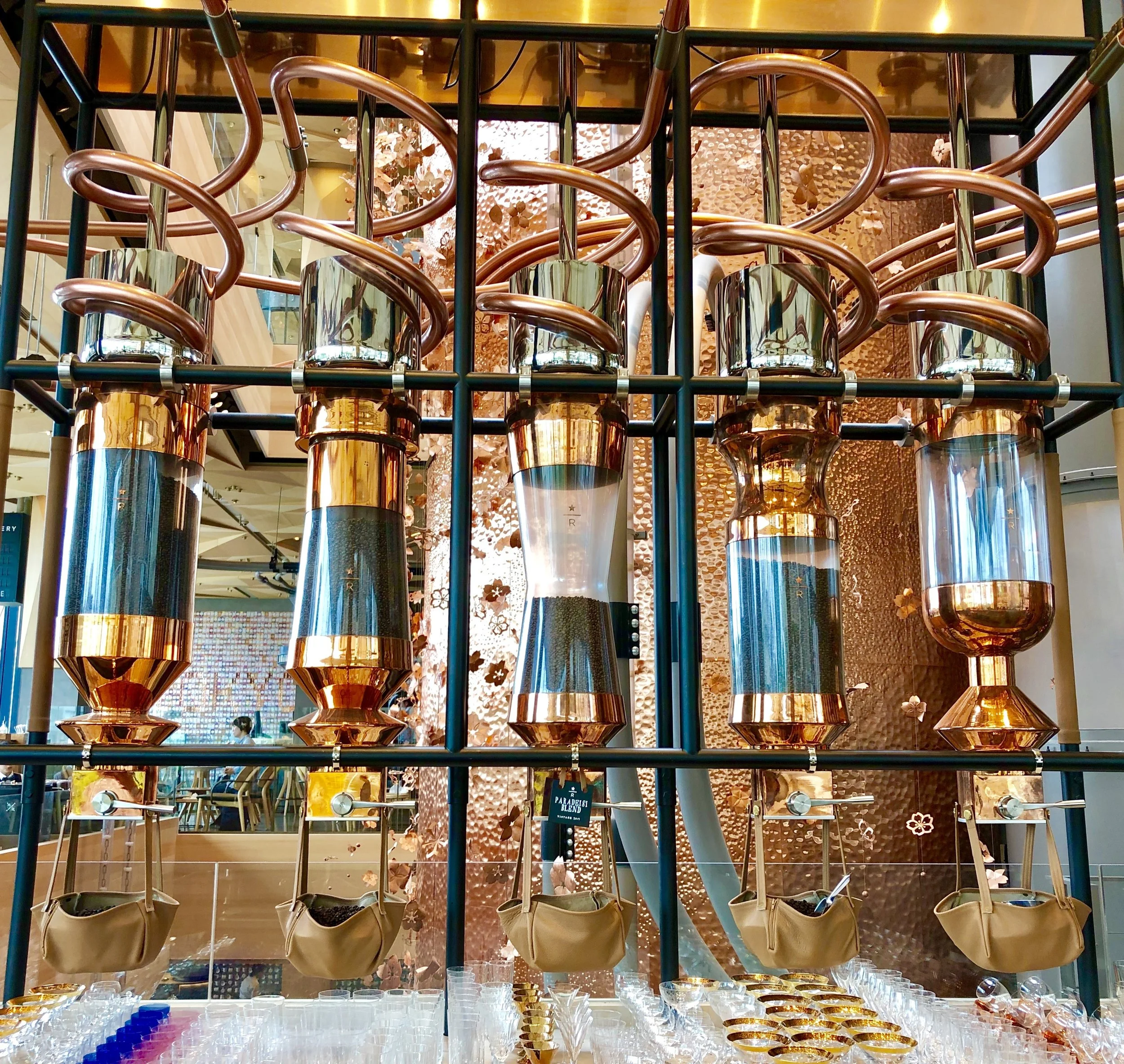 Every bean is freshly roasted in house and sent to the various floors at Starbucks Reserve to garentee the freshest and best tasting cup of coffee.