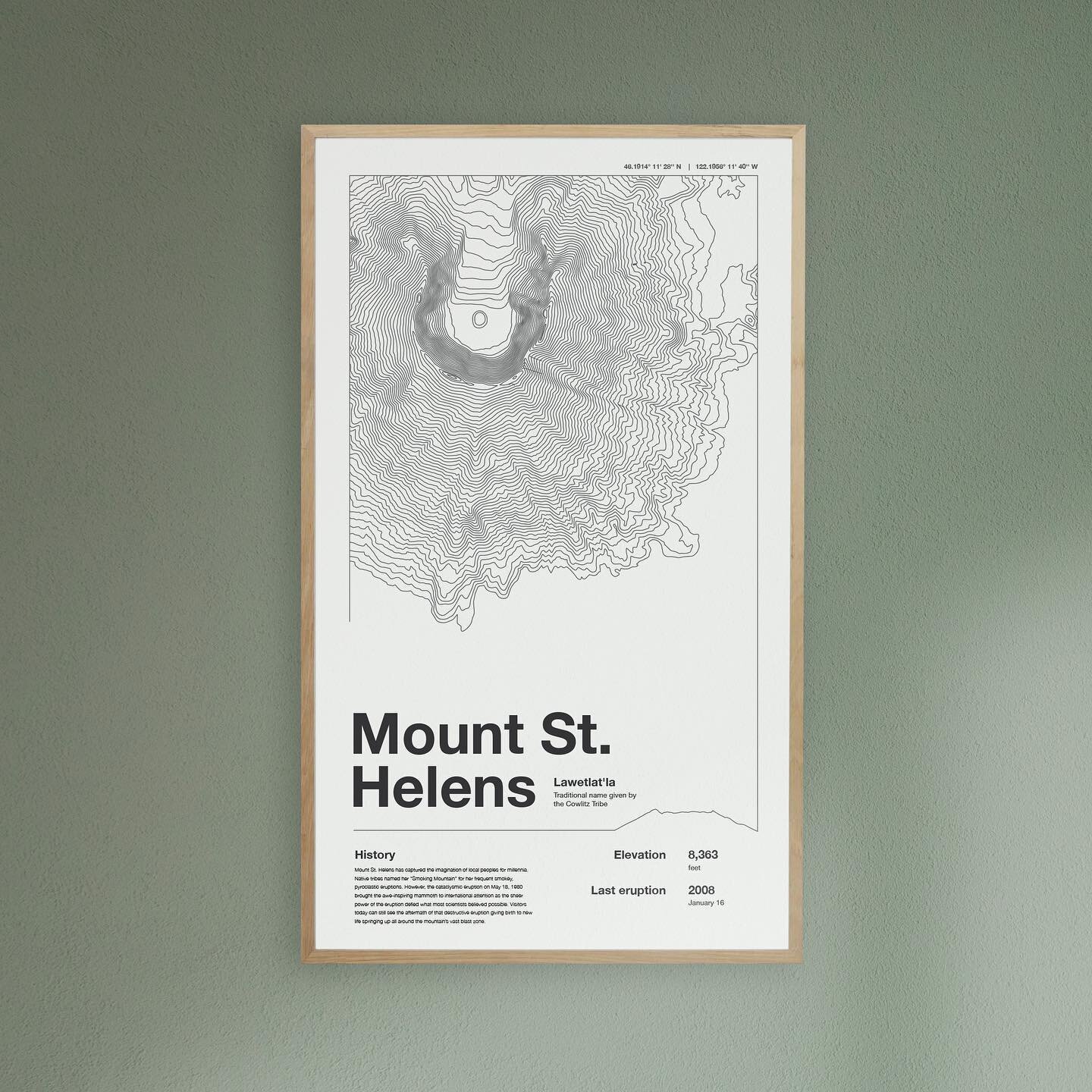 As some of you know, Mount St. Helens is a celebrity in this family. 

Our topographical poster is a small nod to our love for her and reads, &ldquo;Mount St. Helens has captured the imagination of local peoples for millennia. Native tribes named her