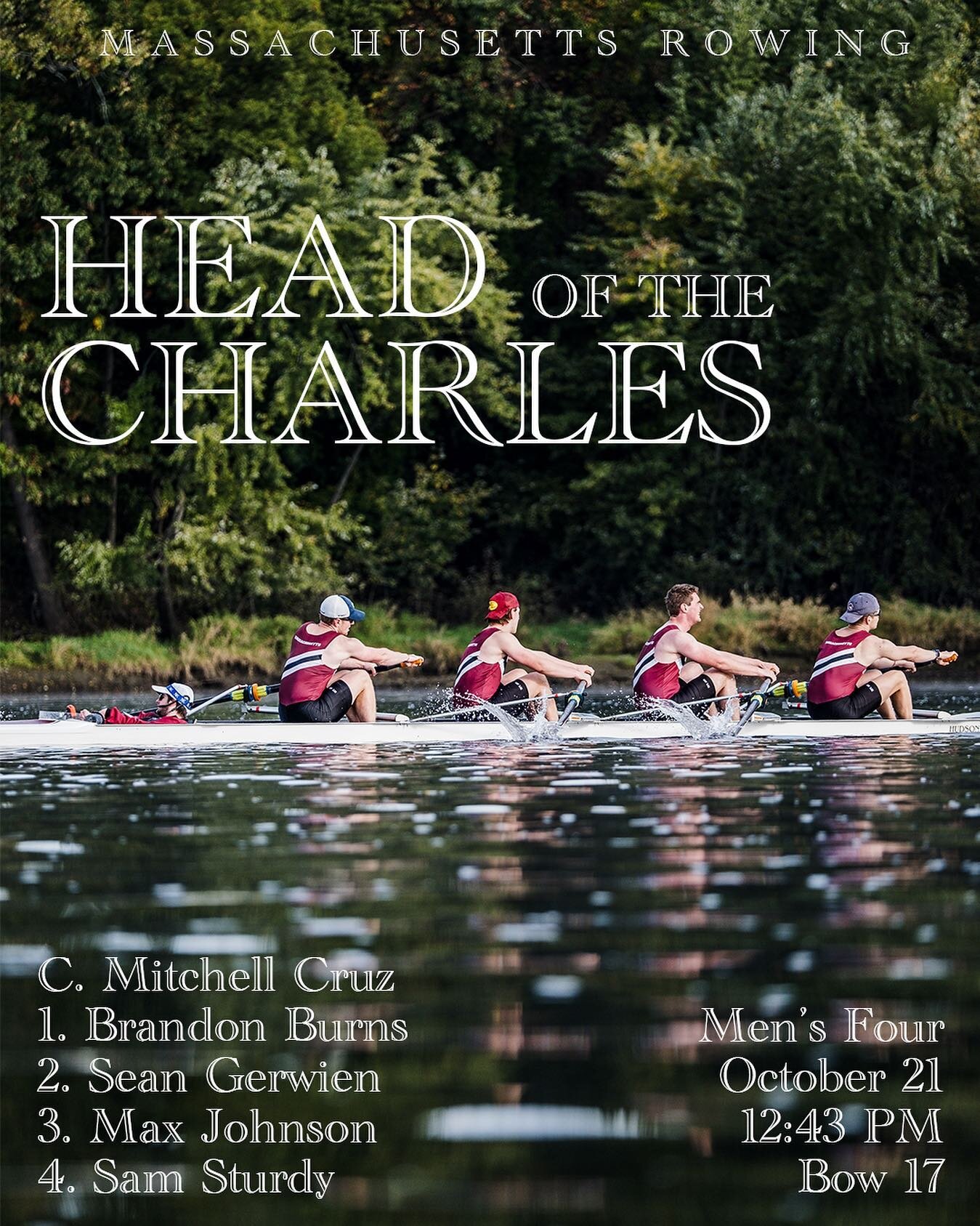 .
Trailer: Loaded
Bucket: Rigged

Come watch the boys rip up this Saturday at The Head of the Charles.

Men's Club Fours: Event #31
Bow #17 UMass
Saturday 12:43 PM

Men's Alumni Eights: Event #23
Bow #34 Aging Aggies
Saturday 10:59 AM