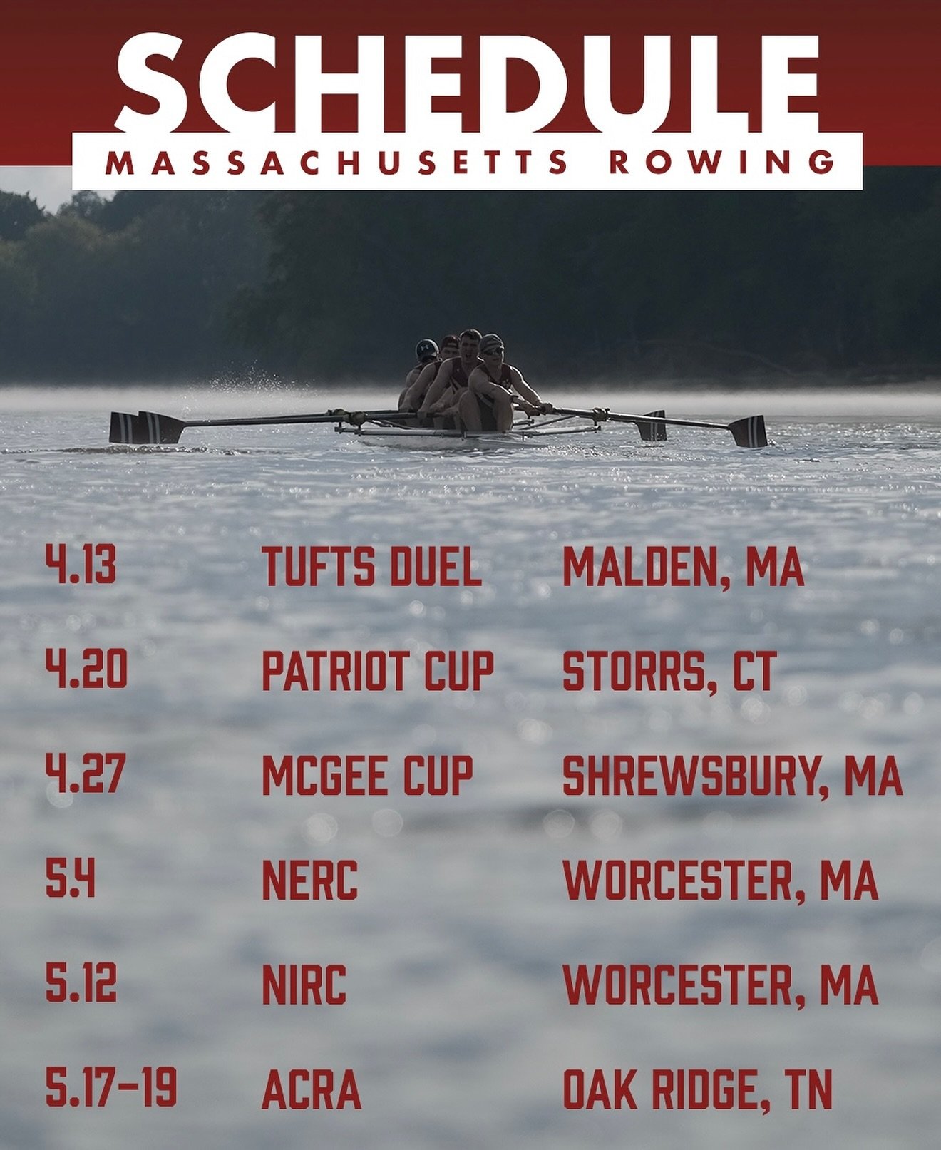 🚨SPRING 2024 SCHEDULE🚨

The Aggies start their official spring 2024 season this Saturday at Tufts!

After a long winter and the last three weekends of regattas cancelled due to weather, the boys begin their 6 back-to-back tilts pushing to the ACRA 