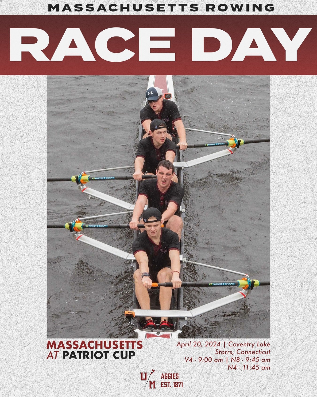 The boys are headed to UConn this weekend to compete in the Patriot Cup. Racing begins at 9:00 AM. Go Aggies!

#umass #umassrowing #rowing #crew #umassamherst