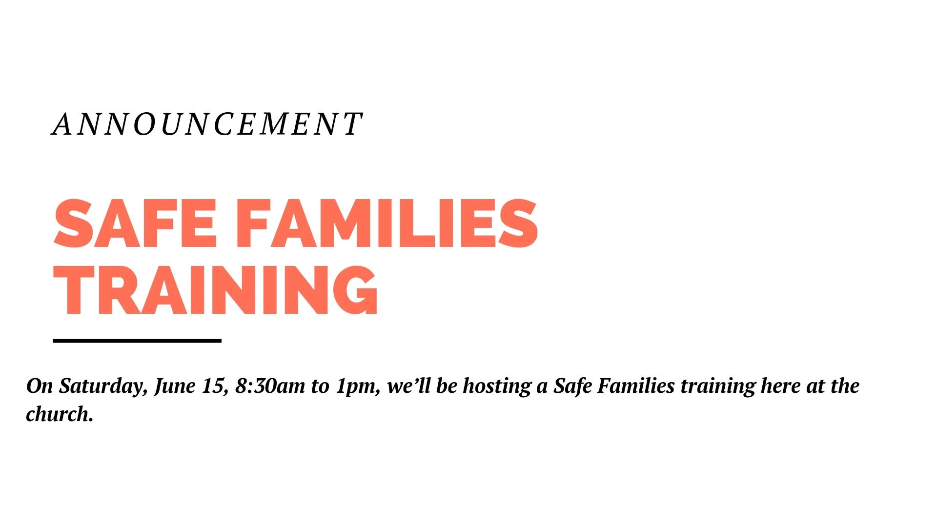 On Saturday, June 15, 8:30am to 1pm, we’ll be hosting a Safe Families training at the church. This training is free and is for anyone interested in helping our church provide temporary homes for children in need. Even if you aren’t able to host a child in your own home, there are lots of other ways to help out. So go to the church center app on your phone, register to attend, and let’s care for the children of our city.