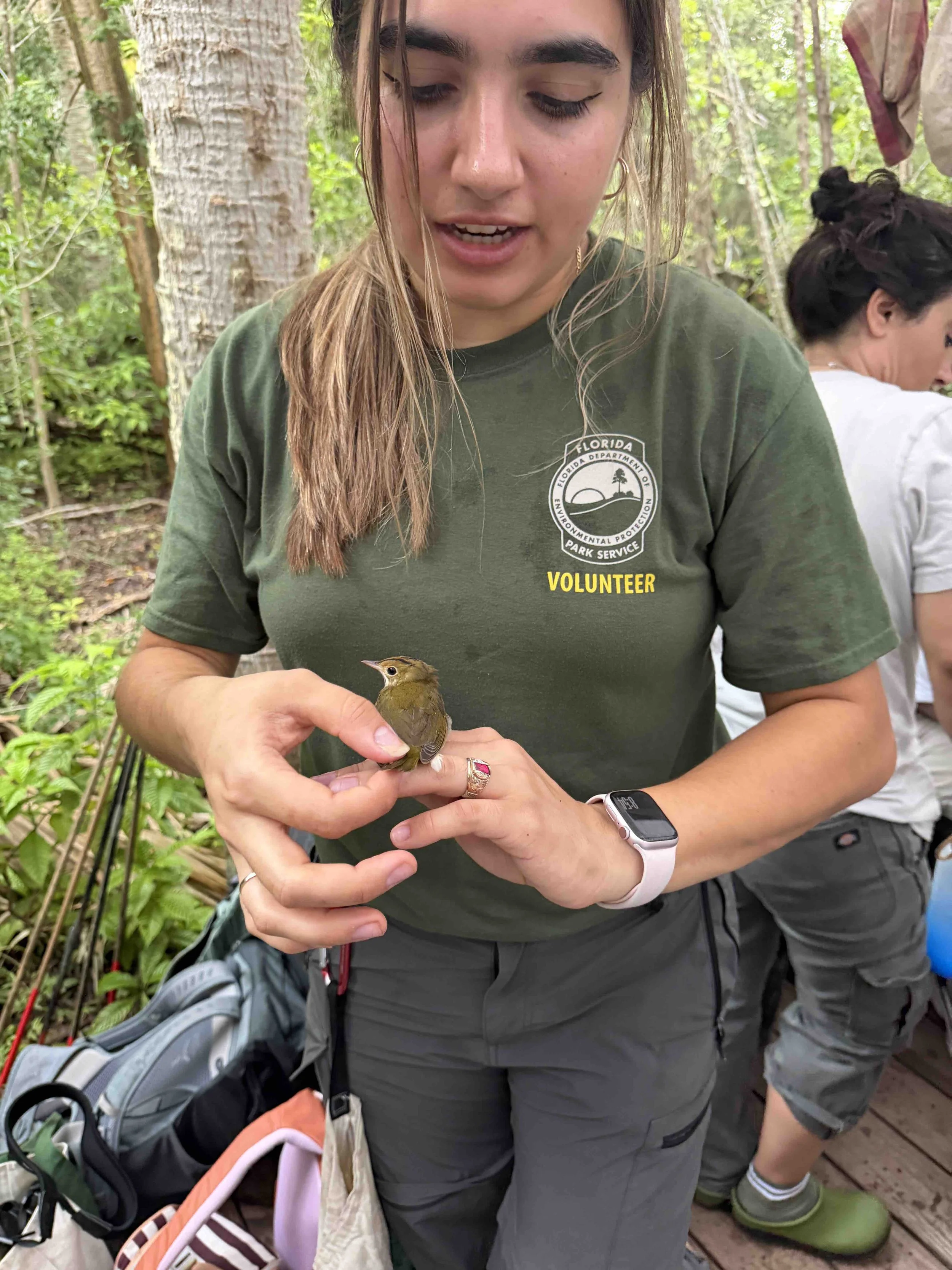  CFBS Volunteer holds an Ovenbird 