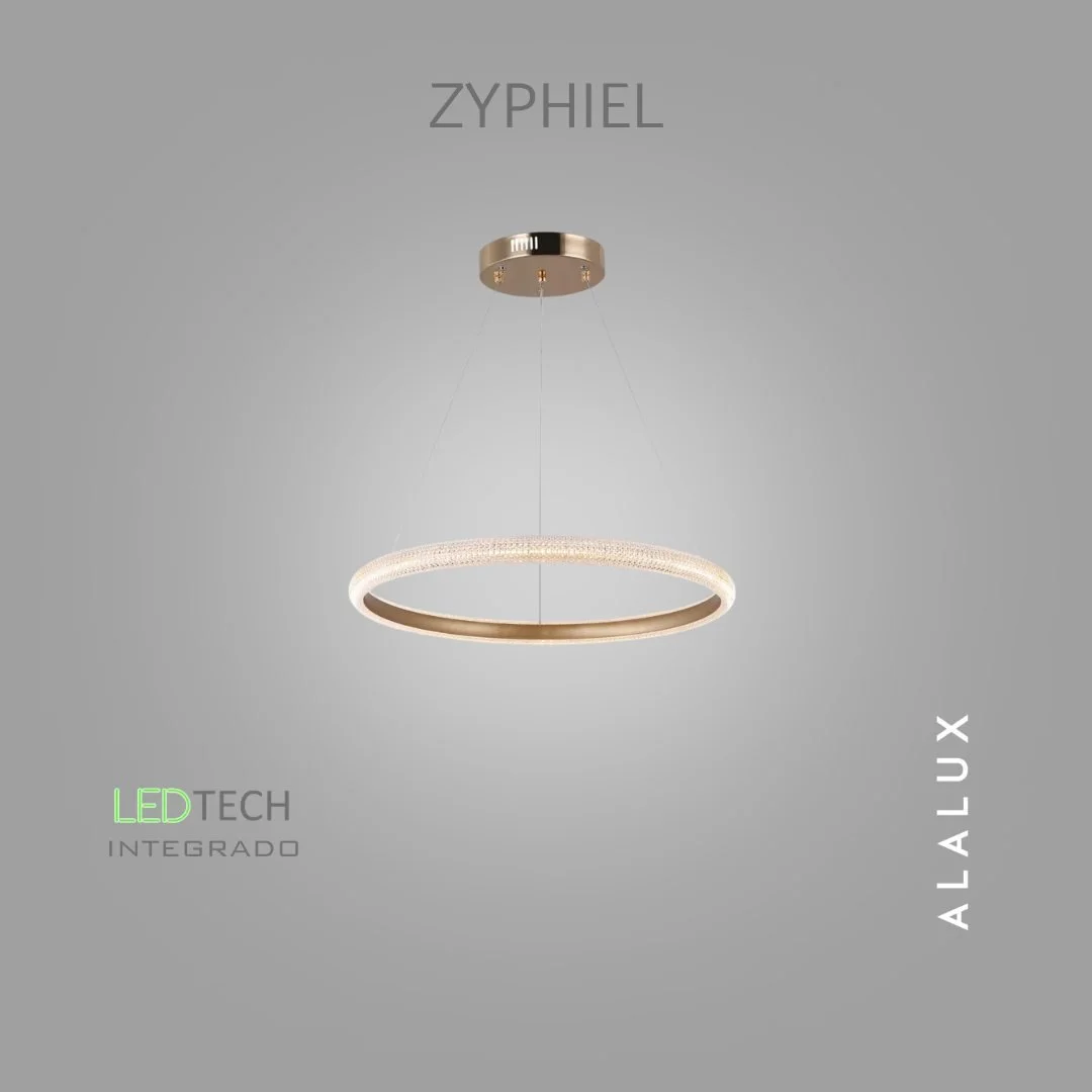 Um traço contínuo de luz que redefine a elegância contemporânea, unindo design circular suspenso e acabamento sofisticado em dourado.