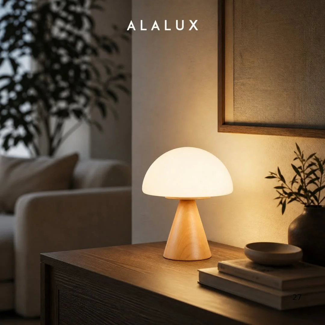  O  Abajur Kher  é uma peça de  design atemporal e minimalista  que transforma a iluminação em uma verdadeira expressão de arte e sofisticação. Inspirado nas formas orgânicas da natureza, seu desenho remete à delicada silhueta de um cogumelo, resulta