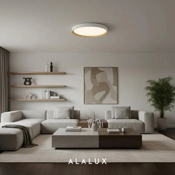  A luminária HALO valoriza a composição deste ambiente contemporâneo com sua geometria circular, design minimalista e iluminação difusa. Instalada no teto da sala de estar, a peça estabelece uma presença visual elegante e discreta, integrando ilumina