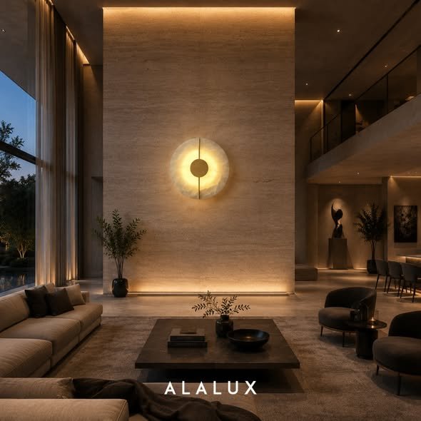   LITHA — Arandela de Parede em Mármore para Sala de Estar e Projetos de Interiores   No ambiente, a LITHA demonstra sua capacidade de transformar a iluminação em parte da arquitetura. Instalada sobre a parede, a arandela cria um efeito de luz indire