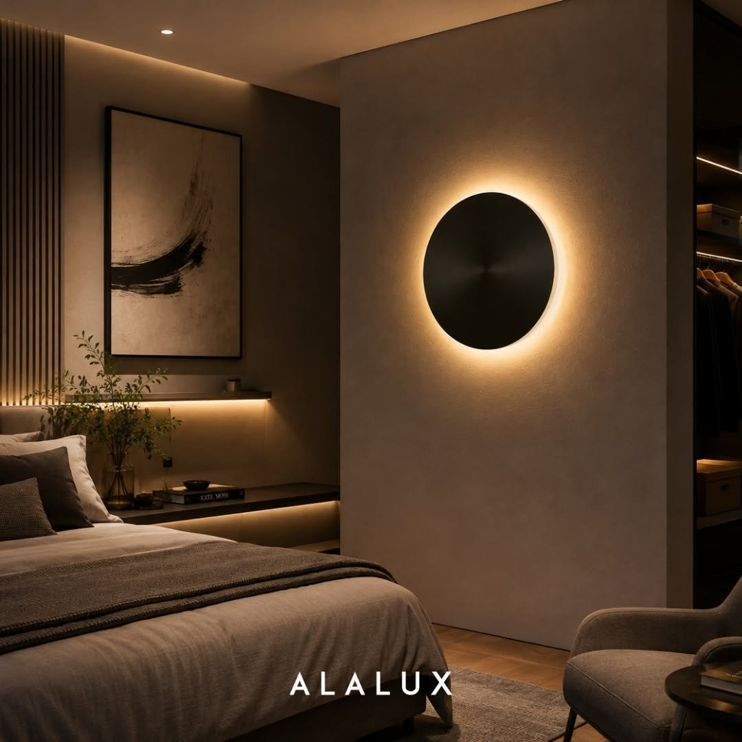  Nesta aplicação em um ambiente residencial, a luminária Azyrel da Alalux demonstra como uma peça de iluminação arquitetônica pode transformar a atmosfera de um quarto por meio de uma composição elegante, acolhedora e contemporânea. Instalada sobre u