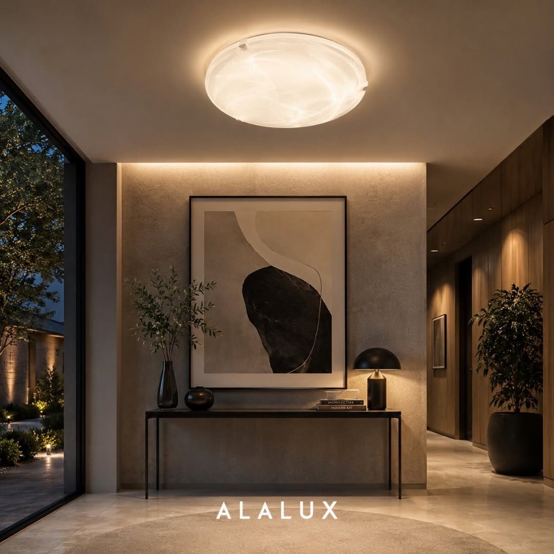  No ambiente, a  luminária de teto NÉVOA  revela todo o potencial do design quando integrado à arquitetura de interiores. Instalada no teto, sua forma orgânica e seu vidro trabalhado criam uma fonte de luz suave que envolve o espaço e complementa mat