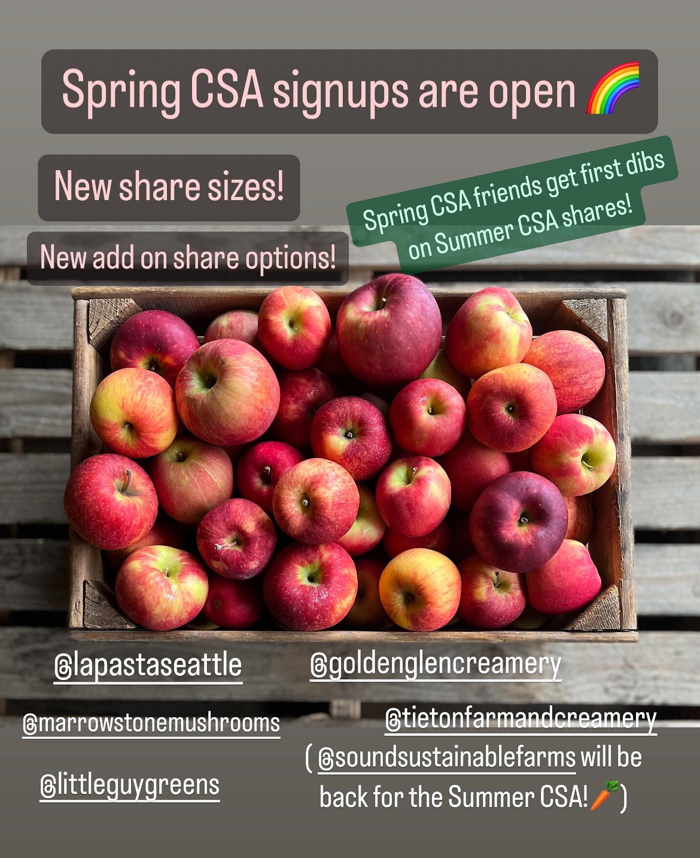 You can now join our short &amp; sweet, all apple Spring CSA season!

This 6 week season has our *new* Mini CSA Share and our *new* Mushroom Add-On Share by @marrowstonemushrooms !

Spring CSA friends will get first dibs on Summer CSA share choices! 
