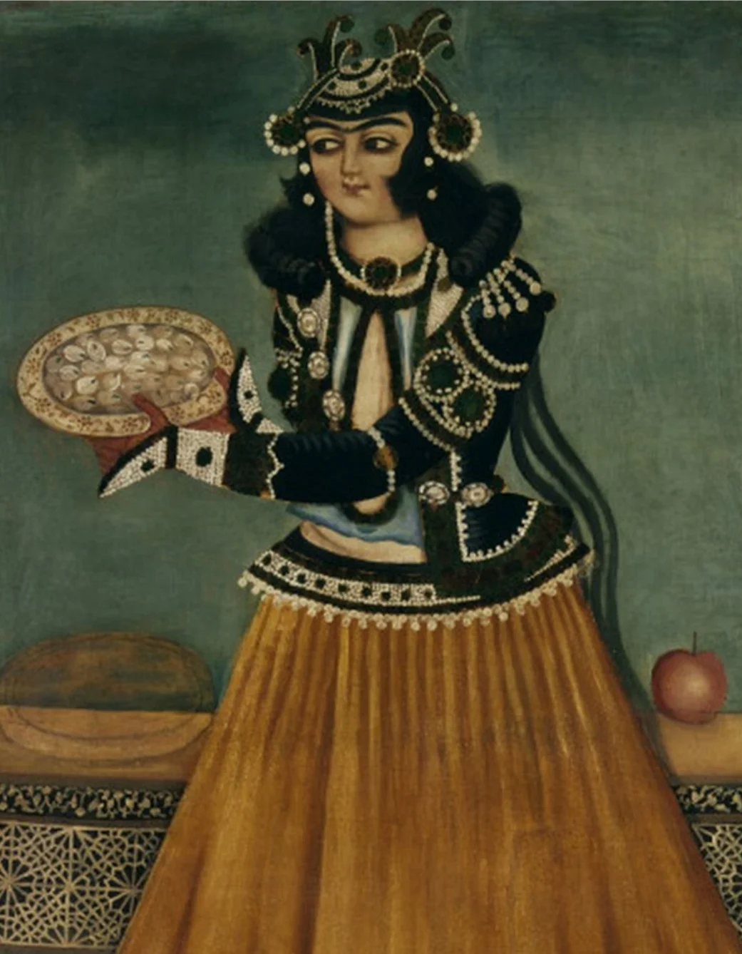 Oil painting, woman carrying a plate of sweets, probably Tehran, 1810-1830